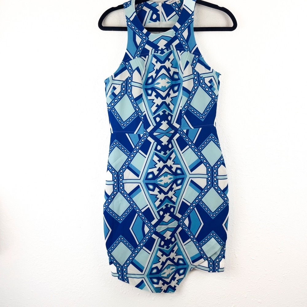 Annie Griffin Blue Geometric Halter Mini Dress Asymmetrical Hem Size 6